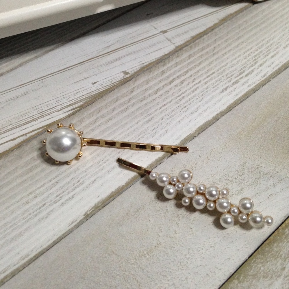 Faux pearl gold hair barrettes - Set of 2
